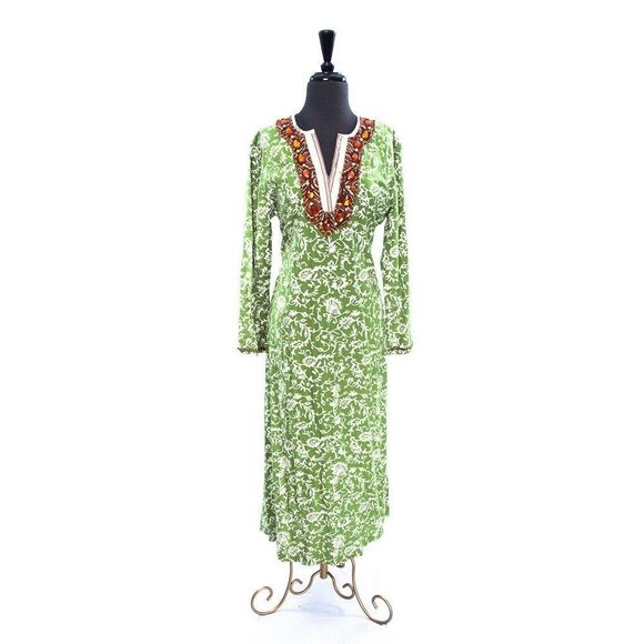 Vtg Soft Surroundings Maxi Dress Kaftan Green White Abstract Pattern Embellished - Picture 1 of 10